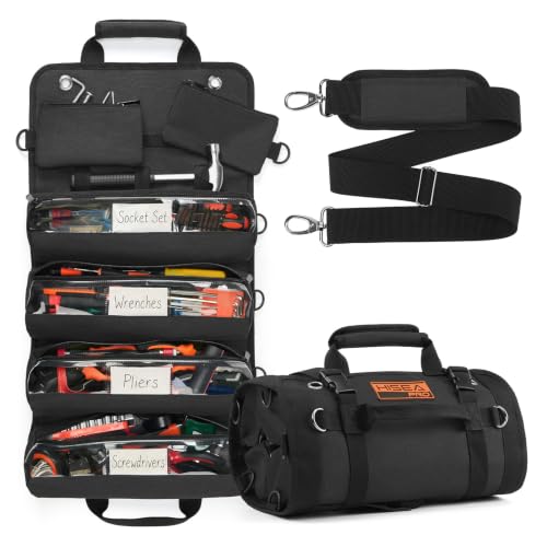 HISEA Roll Up Tool Bag Organizer, 27"*14" Portable Heavy Duty Tool Roll Bag | Motorcycle Tool Roll, Waterproof, with Detachable Pouches, Tool Storage for Mechanic, Electrician, Gifts for Him Dad - color: Black