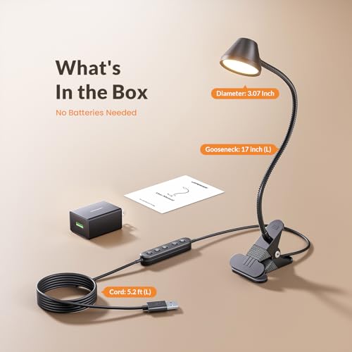 LEPOWER Clip on Light, Reading Lights for Books in Bed, 400LM, RG0 Eye-Care | 5 Colors & Stepless Dimming, Amber Glow Light & Auto Timer, Up to 2.3" Strong Clamp with Adapter for Headboard, Bedside, Desk - color: Black