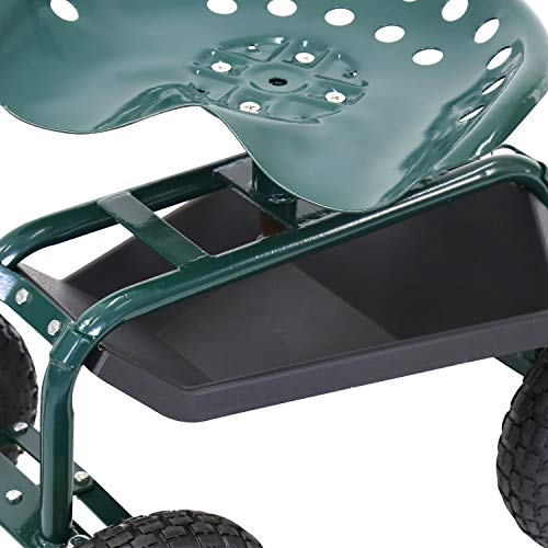 Kinfant Rolling Garden Cart with Seat - Garden Scooter Rolling Stool Gardening Cart with Tool Storage Basket & Swivel Seat - color: Green&yellow