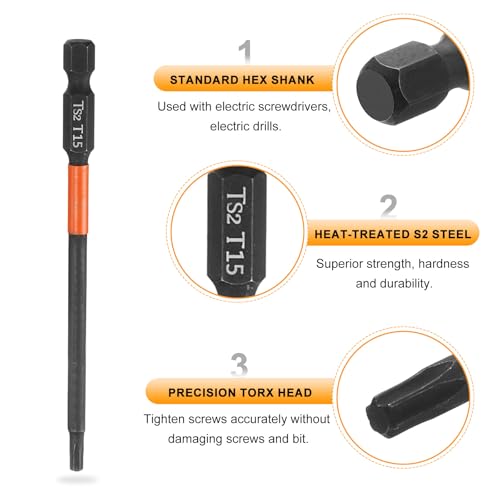 HARFINGTON 3pcs T15 Torx Head Screwdriver Bit 4" (100mm) Long 1/4" Hex Shank Magnetic No Hole Tamper Proof 6 Point Star Screw Driver Drill Bits Phosphate S2 Steel Industrial Power Tools - size: T15 x 100mm