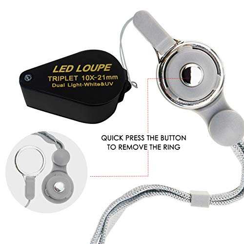 10x Magnifier Jewelry Loupe LED UV 21mm Triplet Lens Optical Glass Pocket Gem Magnifying Tool Jeweler, Stamp Philatelist, Coin Numismatic