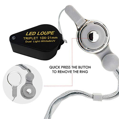10x Magnifier Jewelry Loupe LED UV 21mm Triplet Lens Optical Glass Pocket Gem Magnifying Tool Jeweler, Stamp Philatelist, Coin Numismatic