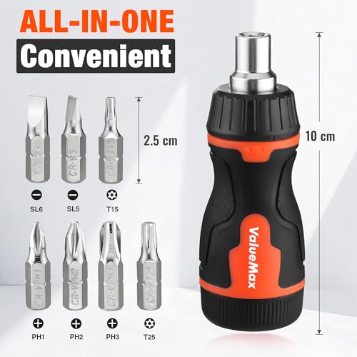 ValueMax 8-in-1 Stubby Ratcheting Screwdriver, Multi-bit Screwdriver, Quick-load Mechanism, Adjustable Magnetic Tool with Phillips, Slotted, Torx Screw Driver Bits and 1/4" Nut Driver