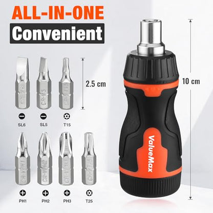 ValueMax 8-in-1 Stubby Ratcheting Screwdriver, Multi-bit Screwdriver, Quick-load Mechanism, Adjustable Magnetic Tool with Phillips, Slotted, Torx Screw Driver Bits and 1/4" Nut Driver