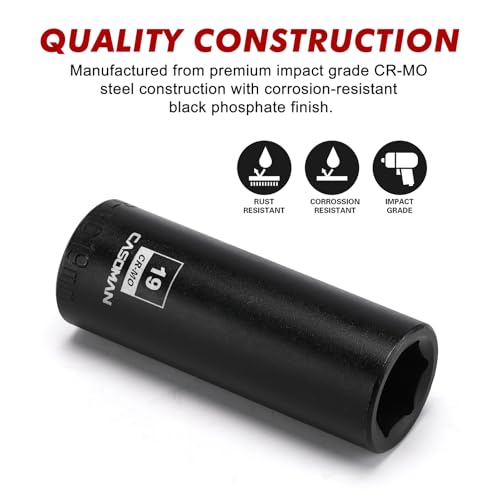 CASOMAN 1/2-Inch Drive x 19mm Deep Impact Socket, 6-Point, Metric, CR-MO - size: 19 mm (Deep), style: 6-Point Socket