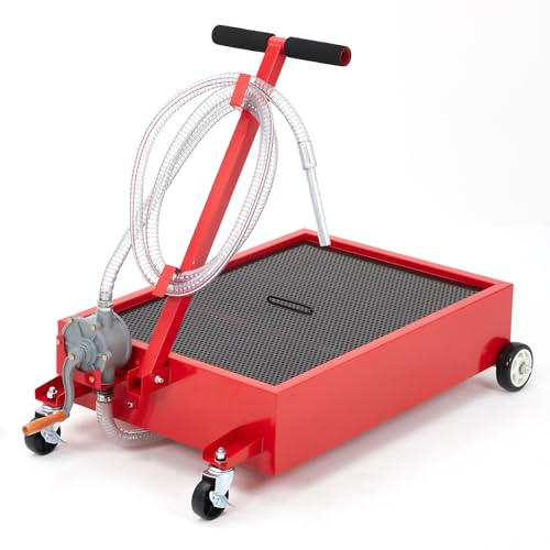 GarveeTech Oil Drain Pan 15 Gallon Oil Drain Tank,57L Low Profile Oil Drain Pan,Oil Catch Pans for Changing Oil,Foldable Hand, with Pump, Hose, Swivel Casters for Car, SUV, Trucks Oil Draining Red