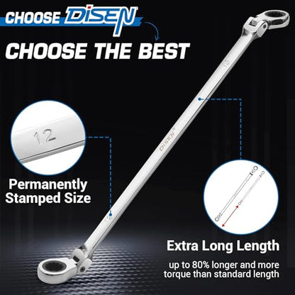 DISEN 12-13mm Extra Long Flex Head Ratcheting Wrench set, Double Box End Long Reach Ratchet Wrench, CRV Steel, Metric - style: Single Pack