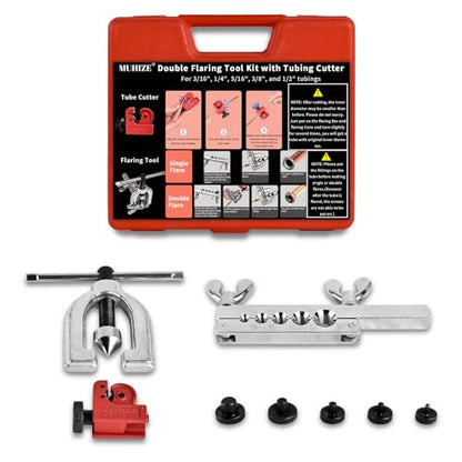 MuHize 1/4 in x 25 ft Brake Line Flaring Tool Kit – Automotive Repair Set | All-in-One Copper Tubing Kit with 16 Fittings, 4 Unions, Tube Cutter & Flaring Tool for Brake Fuel Hydraulic Systems - size: Gold Brake Line Kit