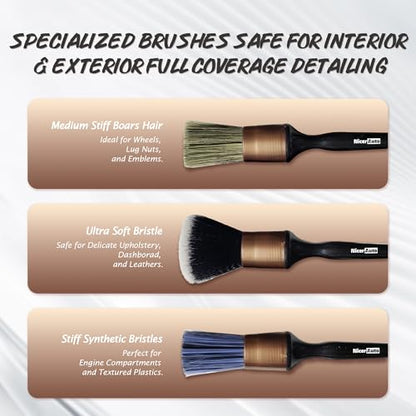 11PCS Car Detailing Brush Set, Boars Hair & Ultra Soft Detail Brushes, Gold | 2 Sizes No Scratch Auto Detailing Brushes for Leather Dashboard Gaps, 5 Precision Crevice Tools Reach AC Outlet, Wet Dry Use - color: Gold 11pcs Detailing Brush Set