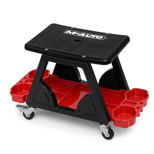 M-AUTO Mechanic Stool Detailing Seat Mobile Rolling Utility Creeper Seat w/Lockable Swivel Wheels, 300LBS Capacity Roller Creeper Seat w/Storage Tool Tray and Drawers, 23" Red