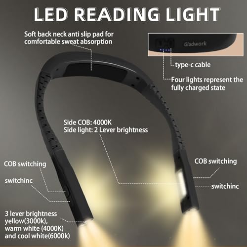 Neck Light,Book Lights for Reading at Night,3 Modes 4 Light Portable Rechargeable1200mAh, Perfect for Night Crochet Knitting Cross Stitch Crafting,Book Lovers Gift - color: Black