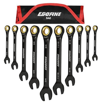 Egofine Ratcheting Wrench Set 10 Piece, SAE Wrench Set, CR-V Steel 1/4” to 3/4” Wrench, 72-Teeth Combination wrench set, Black Electrophoretic Coating Ratchet Wrenches Set with Tool Roll Bag - style: SAE-10 piece set
