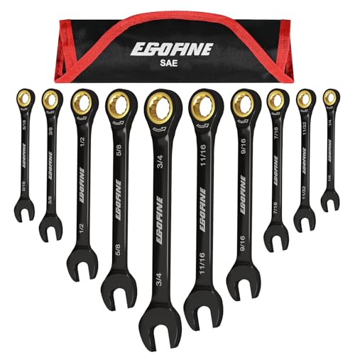 Egofine Ratcheting Wrench Set 10 Piece, SAE Wrench Set, CR-V Steel 1/4” to 3/4” Wrench, 72-Teeth Combination wrench set, Black Electrophoretic Coating Ratchet Wrenches Set with Tool Roll Bag - style: SAE-10 piece set