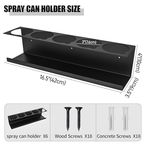 Riciakik 6 Pack Spray Bottle Holder Wall-Mounted, Aerosol Spray Can Holder Storage Rack, Heavy-Duty Paint Bottle Organizer with 30 Holes, Steel Black Spray Rack for Garage, Shop, Home or Tool Trailer - style: 6 Pack
