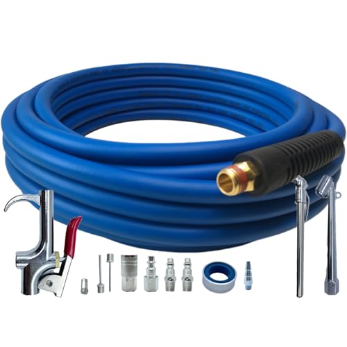 Air Hose 1/4 in x 30 ft, Hybrid Air Compressor Hose Kit with 1/4 in NPT Male Threads, 13 Piece Air Tool & Air Compressor Accessories Kit, Bend Restrictors, 300 PSI (Blue, 30FT-13 Pieces) - color: Blue