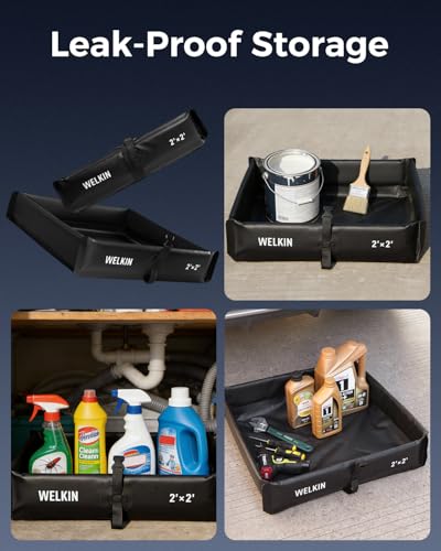 WELKIN Spill Containment Berm, Folding Duck Pond, Portable Secondary Containment Tray, for Oil Changes and Under Drip Protection (Black, 2' x 2')