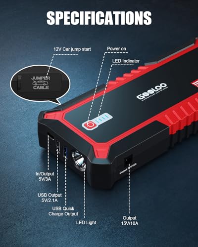 GOOLOO GP3000 Jump Starter, 3000A Peak Car Starter (9L Gas or 7L Diesel) | Supersafe Car Battery Booster Pack - BOOST Mode for Dead Batteries - 16,000mAh Capacity - 3 Modes LED Flashlight - color: Red