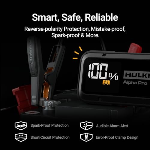 Hulkman Alpha Pro 1750A Jump Starter, 59.2Wh High-Capacity Car Battery Jump Starter, PD65W Fast Charging in & Out, 3.3" Smart Display Jump Box, 12V Jump Pack for 8.0L Gas/5.0L Diesel, Solid Black - style: 1750A · Up to 8.0L Gas