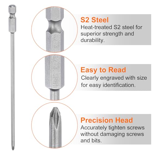 HARFINGTON 5pcs #1 Phillips Screwdriver Bit PH1 1/4" Hex Shank 6" (150mm) Long Magnetic S2 Steel Industrial Grade Screw Driver Bit Cross Head Electric Drill Bits 0.138" (3.5mm) Rod - size: PH1 x 150mm x 3.5mm