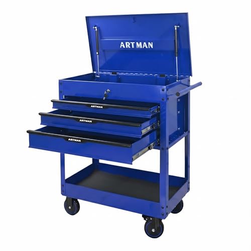 3-Drawer Rolling Tool Cart with Steel Lift-Up Top, Heavy Duty Lockable Mechanic Tool Chest with Wheels, Multifunctional Tool Storage Cabinet for Garage Warehouse Repair Shop (Blue) - color: Steel Lift-up Top - Blue