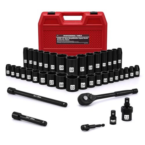 Mayouko 41PCS 1/2" Drive Impact Socket Wrench Set, Deep & Shallow Metric Socket Set 8-32mm, 72 Tooth Ratchet Handle, CR-V, Includes Extension Bars, Universal Joint, Adapters, 6 Point Design