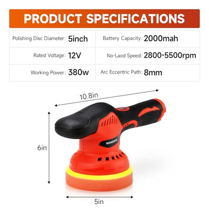 Cordless Car Buffer Polisher with 2PCS 2.0Ah Battery, (5 Inch/6 Inch) 8 Variable Speed Portable Buffer Polisher Kit, Extra 18PCS Attachments for Car Detailing/Polishing/Waxing