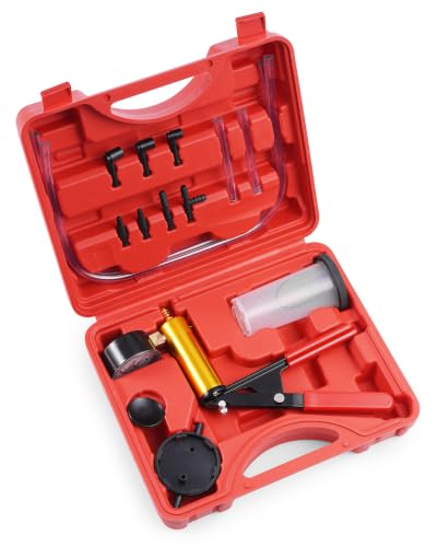Brake Bleeder Vacuum Pump Kit, Automotive Vacuum Brake Bleeding Tool for Flush Brakes | Manual Brake Fluid & Power Steering Fluid Extractor, Self Brake Bleed Kit for Motorcycle & Car, Red