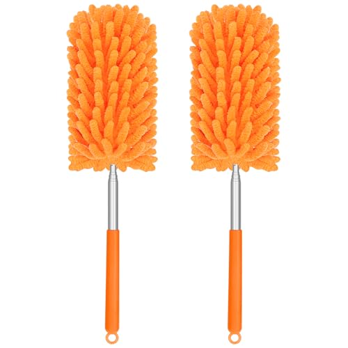 Mini Duster for Cleaning, 360° Bendable Hand Dusters with Extension Pole, Washable Small Duster for Car Interior, Office, Furniture - color: 2 Pack Orange