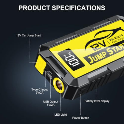 8000A Car Jump Starter, 12V Jump Starter Battery Pack (All Gas,up to 10.0L Diesel Engine) Jumper Cables Portable Lithium Jump Box, USB Output and LED Light - color: yellow