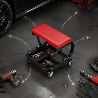 Rolling Creeper Garage/Shop Seat, Padded Rolling Workshop Stool Garage Shop Stool with Divided Tool Storage Tray for Auto Repair Workshop Home Maintenance, 300 Lbs Capacity