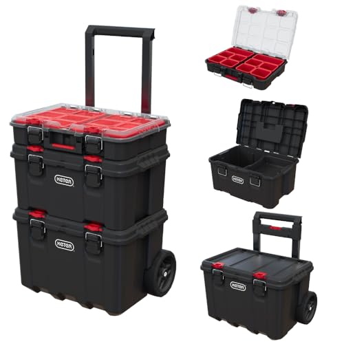 Keter Stack-n-Roll Modular Tools Organizer for Garage Storage and DIY, 3 Piece Resin Rolling Tool Box System for Small Parts, Black - color: Black/Red, size: 3PC System