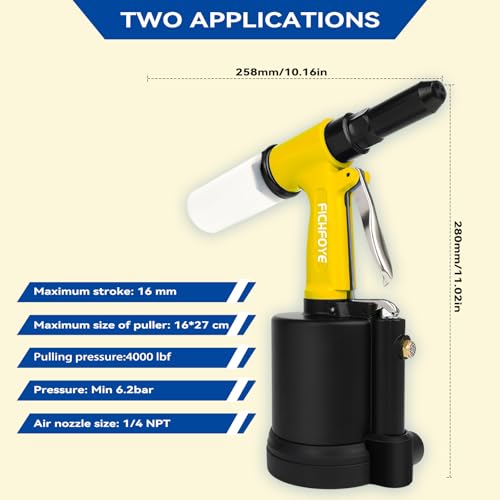 Heavy Duty Pneumatic Rivet Gun, 4000lbf Rivet Gun Set- 3/32", 1/8", 5/32", 3/16", 1/4" Air Riveter with NPT 1/4 inch for Automotive, Construction, Manufacturing Industries,Yellow - color: Yellow, size: 5 Nozzles