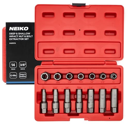 NEIKO 04207A Impact Nut & Bolt Extractor Set, 14 Piece Lug Nut Removal Tool, 3/8 Drive, Deep and Shallow Stripped Bolt Extractor Socket Set, Rounded Bolt Removal tool, Nut Remover Socket Set, CR-Mo - size: 14 Piece, style: Extractor Set
