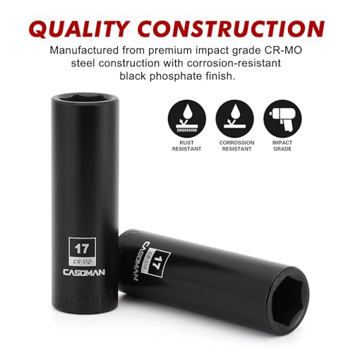 CASOMAN 1/2-Inch Drive x 17mm Deep Impact Socket, 2PCS Set, 6-Point, Metric, CR-MO - size: 17 mm (Deep, Pack of 2), style: 6-Point Socket