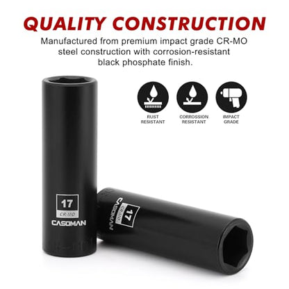 CASOMAN 1/2-Inch Drive x 17mm Deep Impact Socket, 2PCS Set, 6-Point, Metric, CR-MO - size: 17 mm (Deep, Pack of 2), style: 6-Point Socket