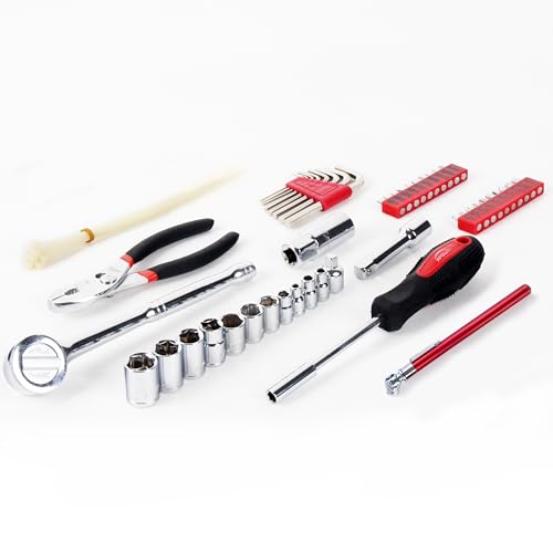 Apollo Tools 56 Piece Compact Metric Auto Tool Set in Zippered Case, Small Mechanic Tool Set for Car Emergency, Motorcycle Repair on the Road, Great for Travel Tool Needs - Red - DT9775 - style: Metric (Automotive)