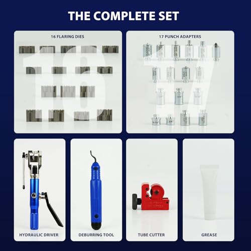 Professional Hydraulic Flaring Tool Kit, with Stabilizing Arm for 45° Double & Single, ISO Bubble, GM Fuel & Transmission Line Flares - 3/16" to 1/2" & 4-10mm, Includes Cutter & Deburrer - size: MU-HFTK-410