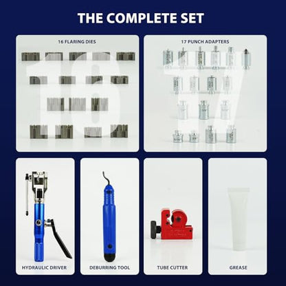 Professional Hydraulic Flaring Tool Kit, with Stabilizing Arm for 45° Double & Single, ISO Bubble, GM Fuel & Transmission Line Flares - 3/16" to 1/2" & 4-10mm, Includes Cutter & Deburrer - size: MU-HFTK-410