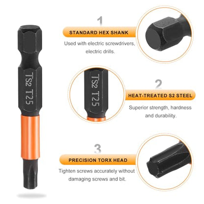 HARFINGTON 3pcs T25 Torx Head Screwdriver Bit 2" (50mm) Long 1/4" Hex Shank Magnetic No Hole Tamper Proof 6 Point Star Screw Driver Drill Bits Phosphate S2 Steel Industrial Power Tools - size: T25 x 50mm