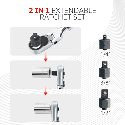 Extendable Ratchet Wrench Set, 72-Tooth Long Socket Wrench Ratchet with 1/4" 3/8" 1/2" Socket Drive Adapat, 180° Flex-Head Ratcheting Set with Soft Grip Handle for Men Mechanic Hand Tools