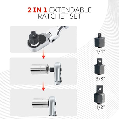 Extendable Ratchet Wrench Set, 72-Tooth Long Socket Wrench Ratchet with 1/4" 3/8" 1/2" Socket Drive Adapat, 180° Flex-Head Ratcheting Set with Soft Grip Handle for Men Mechanic Hand Tools