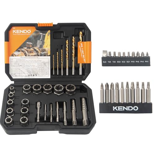 KENDO 46PC Bolt Extractor Kit - HSS Damaged Screw Extractor Set Remover for Stripped Screws Nuts & Bolts, Lug Nut Remover with ¼ Inch to ⅜ Inch Hex Socket Adapter - style: 46-PCS