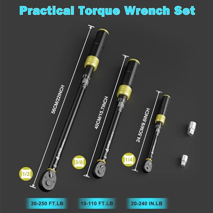ANPUDS 5Pcs 1/4 3/8 1/2-inch Drive Click Torque Wrench Set, ±3% Accuracy | 20-240in.lb, 10-110Ft.lb, 30-250Ft.lb, 72-Tooth Quick Release, Dual Scale, for Bike, Motorcycle, Car, SUV, Truck, RV, Towing - size: 20-240 in-lb + 10-110 ft-lb + 30-250 ft-lb
