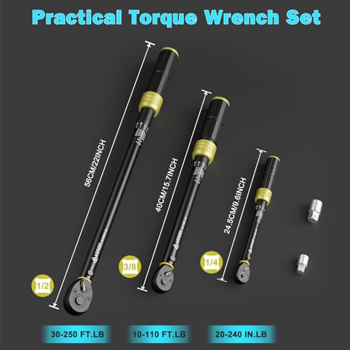 ANPUDS 5Pcs 1/4 3/8 1/2-inch Drive Click Torque Wrench Set, ±3% Accuracy | 20-240in.lb, 10-110Ft.lb, 30-250Ft.lb, 72-Tooth Quick Release, Dual Scale, for Bike, Motorcycle, Car, SUV, Truck, RV, Towing - size: 20-240 in-lb + 10-110 ft-lb + 30-250 ft-lb