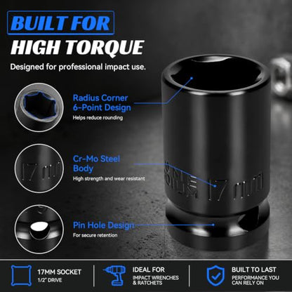 2PCS 17mm Impact Socket 1/2" Drive, 6 Point Metric Shallow Socket, CR-V Steel Heavy Duty Impact Wrench Socket for Automotive Repair - size: 17mm