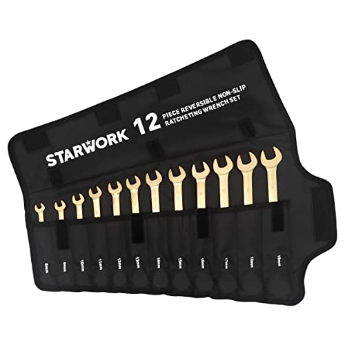 STARWORK 12 Pc. 6-Point Metric 15° Offset Vintage G-Plating Reversible Non-Slip Long Pattern Ratcheting Combination Wrench Set (8-19 mm)