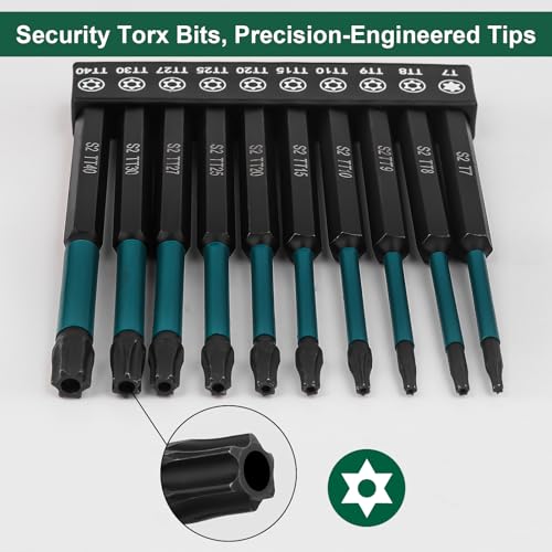 10-Piece Impact Security Torx Bit Set, 100mm Long S2 Steel Star Driver Kit (T7-T40), Mixed Solid & Tamper-Proof Bits with 1/4" Hex Shank, Magnetic High-Torque Bits for Auto & Electronics - size: 10 Pieces