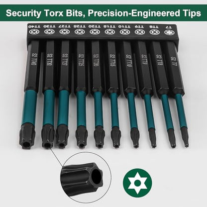10-Piece Impact Security Torx Bit Set, 100mm Long S2 Steel Star Driver Kit (T7-T40), Mixed Solid & Tamper-Proof Bits with 1/4" Hex Shank, Magnetic High-Torque Bits for Auto & Electronics - size: 10 Pieces