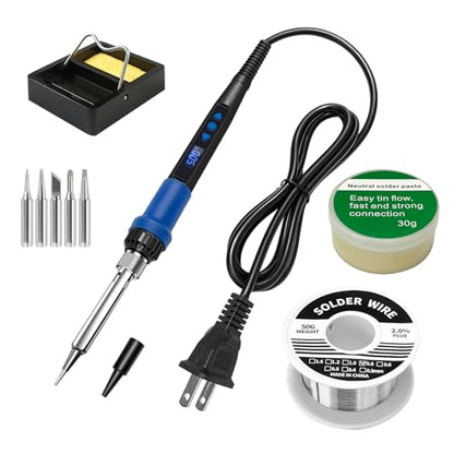 908D Blue 80W Adjustable Temperature Soldering Iron Kit, Heat Resistant Anti-Slip Handle, Includes 5 Soldering Tips, Solder Wire, Stand, Flux, Solder Pen/Hot Pen for DIY & Repair - color: Blue