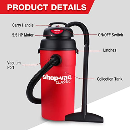 Shop-Vac 5 Gallon 5.5 Peak HP Wet/Dry Vacuum, Wall Mountable Compact Shop Vacuum with 18+7Ft Long Hose & Attachments, Ideal for Jobsite, Garage, Car & Workshop. 9522236 - size: 5 gallon